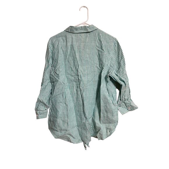 Chico's Size 2 Large Green Striped Linen Button Down Shirt No-Iron Tie Front - Picture 2 of 6